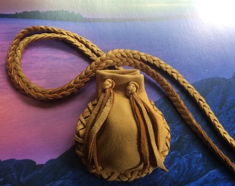 Deer Hide Medicine Bag on Braid Neck Strap, Soft Leather Pouch, Handmade in Canada