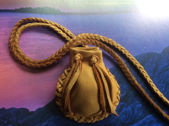 Deer Hide Medicine Bag on Braid Neck Strap, Soft Leather Pouch, Handmade in Canada