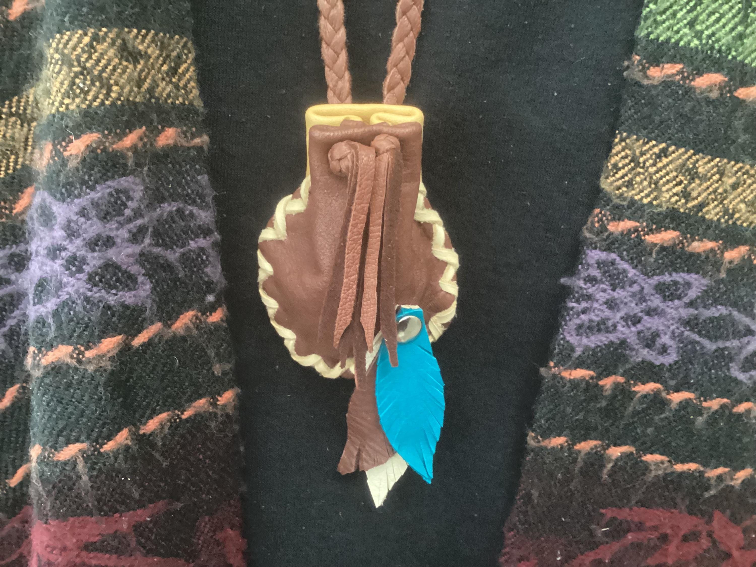 Deerskin Medicine Bag Necklace With Leather Feathers, Leather