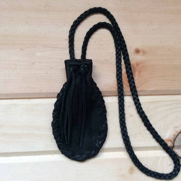 Leather Medicine Bag, Deer Hide Medicine Bag with Braid Neck Strap, Deerskin Pouch, Handmade in Canada