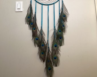 Dream Catcher, Pretty as a Peacock, Large Turquoise  Dream Catcher with Glass Beads and Peacock Feathers, Ready to Ship, Canadian Made