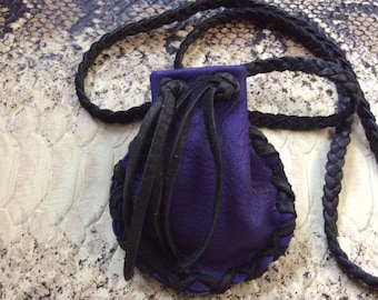 Handmade Leather Medicine Bag, Black and Purple  Deerskin Medicine Pouch with Braid Necklace, Ready to Ship,Canadian Made