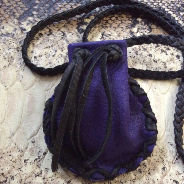 Handmade Leather Medicine Bag, Black and Purple  Deerskin Medicine Pouch with Braid Necklace, Ready to Ship,Canadian Made