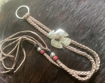 Western Key Ring, Brown Leather Braid with Thunderbird Concho and Beads, Handmade in Canada
