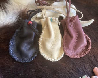 Handmade Deerskin Leather Medicine Bag, Crow Bead Closure