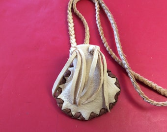Handmade Deer Hide Medicine Bag with Braid Strap, Deerskin Pouch