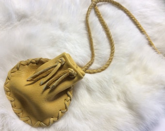 Medicine Bag, Buckskin Leather Pouch on Long Braid Strap, Canadian Made