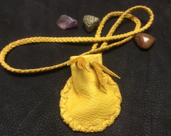 Gold Deer Hide Medicine Bag on Braid Strap, Leather Medicine Pouch, Handmade in Canada