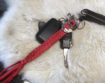 Key Ring,Red Leather Braid with Concho , Deerskin Keychain Braid,Handmade in Canada