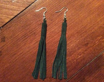Short Fringe Earrings, Leather Tassel Earrings, Handmade Green Suede Leather Earrings, Leather Fringed Earrings , Made in Canada