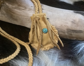 Medicine Bag , Leather Medicine Pouch on Long Braid Necklace, Drawstring  Deer Hide Pouch, Ready to Ship, Handmade in Canada