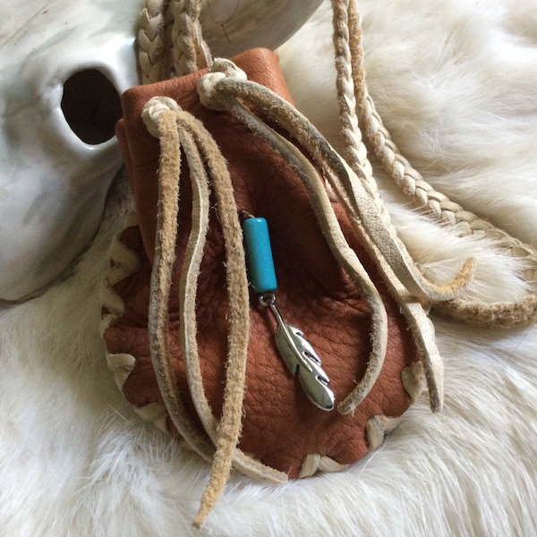 Leather Medicine Bag with Feather,  Original Deer Hide Medicine Bag with Braid Neck Strap, Deerskin Pouch, Handmade in Canada