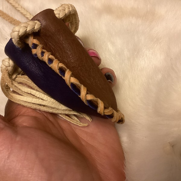 Handmade Leather Medicine Bag, Soft Deerhide Drawstring Pouch, Medicine Pouch,Purple  and Brown Medicine Bag,Ready to Ship,Made in Canada