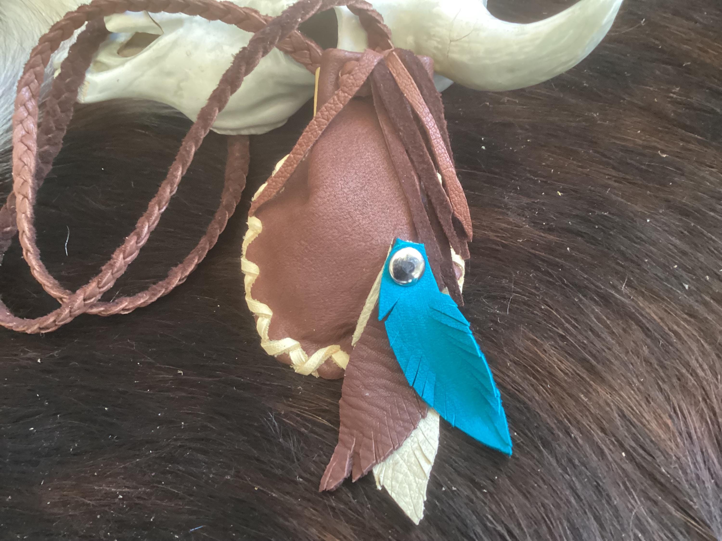 Deerskin Medicine Bag Necklace With Leather Feathers, Leather