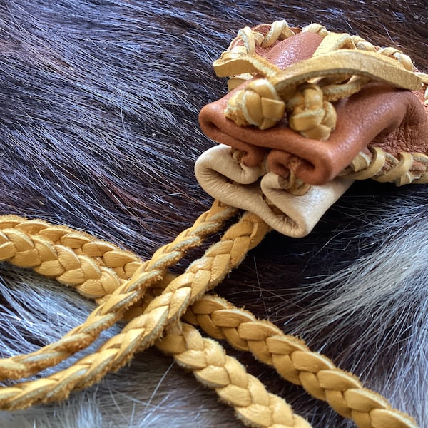Deer Hide Medicine Bag, Deerskin Neck Pouch on Braid Strap, Leather Medicine Pouch, Made in Canada,Ready to Ship