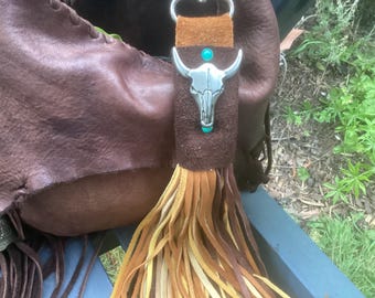 Grote leren kwasthanger, extra grote franjetasaccessoire, veelkleurige kwast