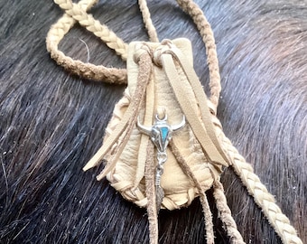 Leather Medicine Bag Necklace with Feather Charm