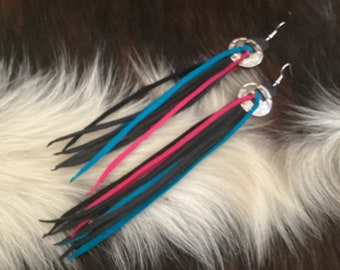 Concho Earrings, Black,Pink and Turquoise Leather Earrings, Concho  and Fringe Earrings, Southwestern Earrings ,Ready to Ship,Made in Canada