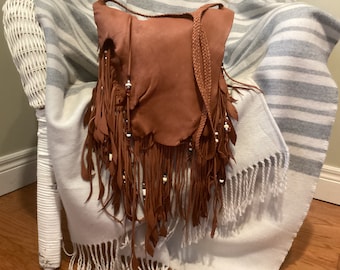 Leather Purse with Fringe and Leather Feathers, Handmade Deerskin Shoulder Bag, Soft Deer Hide Leather Purse with Pocket, Made in Canada