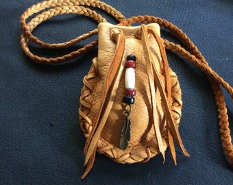 Handmade Leather Medicine Bag With Bone Bead and Metal Feather, Soft ...