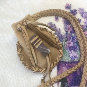 Medicine Bag with Amethyst Gemstone,Leather Medicine Pouch on Braid Necklace, Deer Hide Pouch, Ready to Ship, Handmade in Canada