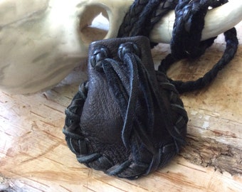 Worry Stone Pouch, Deer Hide Medicine Bag, Black Deerskin Leather Medicine Pouch on Braid Necklace, Small Medicine Bag,Handmade in Canada