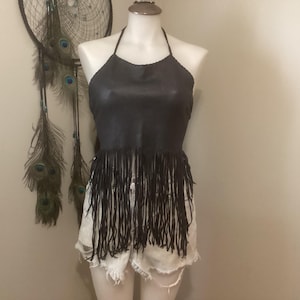Ladies Black  Leather Fringe Halter Top,Handmade OOAK  Deerskin  Summer Top,Ready to Ship, Festival Top with Fringe, Made in Canada