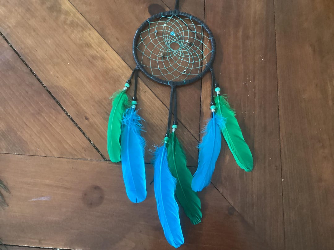 Dream Catcher, Black Dream Catcher With Turquoise Blue Feathers, Ready ...