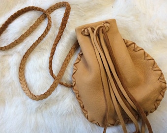Soft Deerskin Leather Pouch, Braided Strap, Festival Bag, Possible Pouch, Handmade  in Canada