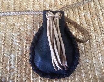 Large Deerskin Leather Medicine Bag, Braid Strap, Amulet Bag, Black Pouch