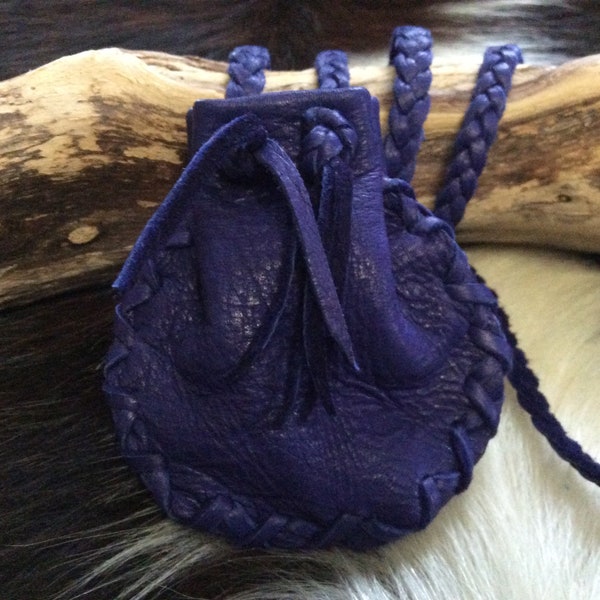 Handmade Leather Medicine Bag, Purple Deer Hide Medicine Bag on Braid Strap, Deerskin Medicine Pouch, Made in Canada