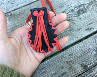 Black and Red Deerskin Medicine Pouch, Small Medicine Bag, Childs Medicine Bag, Ready to Ship, Handmade in Canada