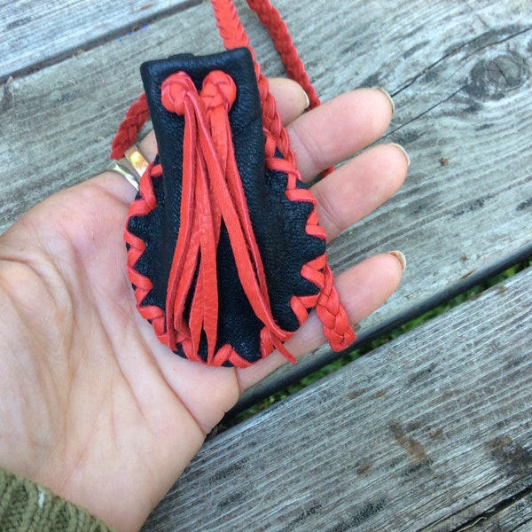 Black and Red Deerskin Medicine Pouch, Small Medicine Bag, Childs Medicine Bag, Ready to Ship, Handmade in Canada