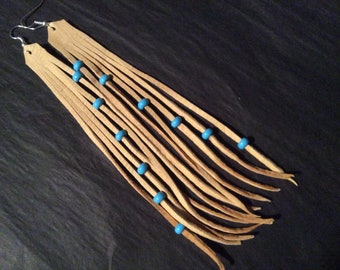 Fringed Leather Earrings with Light Blue Czech Glass Beads, Deerskin Leather Fringe Earrings, Made in Canada