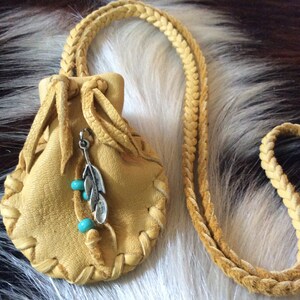 Medicine Bag with Feather, Necklace Pouch, Leather Medicine Pouch on Braid Necklace, Soft Buckskin Leather Pouch, Made in Canada