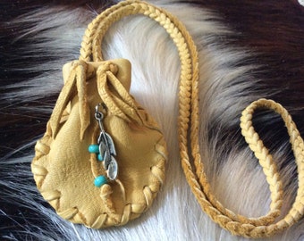 Medicine Bag with Feather, Necklace Pouch, Leather Medicine Pouch on Braid Necklace, Soft Buckskin Leather Pouch, Made in Canada