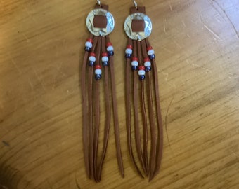 Fringe and Concho  Earrings, Brown Leather Earrings with Beads, Boho Leather Earrings,Ready to Ship,  Made in Canada