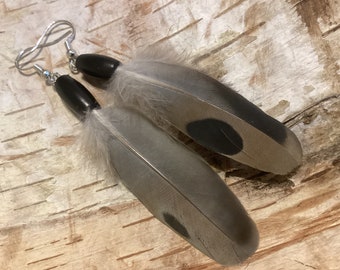 Feather Earrings, Dove  Feathers Earrings with Black Bone  Beads, Handmade Feather  Jewelry, Ready to Ship, Made in Canada