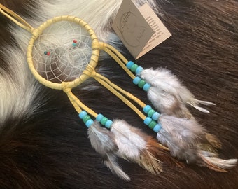 Dream Catcher,  Leather with Beads and Natural  Feathers, Small  Dream Catcher, Ready to Ship, Made in Canada