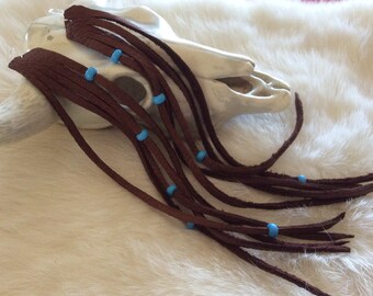 Long Fringed Earrings, Brown Leather Earrings with Fringe and Blue Beads, Boho Leather Earrings, Deerskin Fringe Earrings, Made in Canada