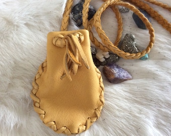 Handmade Gold Deerskin Medicine Bag, Braid Strap Pouch, Canadian Made