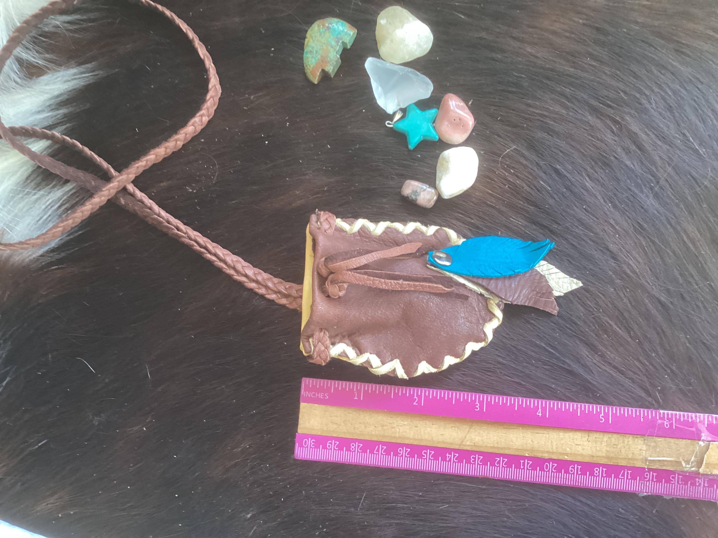 Deerskin Medicine Bag Necklace With Leather Feathers, Leather