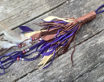 Boho Accessory with Leather Feathers, Purse Charm, Handmade One Of A Kind Leather Tassel