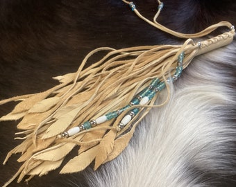 One of A Kind Fringed Purse Accessory, Soft Deerhide Leather Purse Tassel with Beads and Leather Feathers, Ready to Ship,  Made in Canada