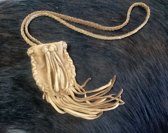 Medicine Bag with Fringe,Brown Deerskin Fringed Pouch with Braid Necklace, Ready to Ship,  Made in  Canada