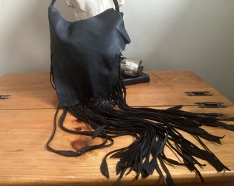 Black Leather Purse with Fringe, Soft Leather Bag with  Long  Fringe,Leather Feathers and Braid Strap, Ready to Ship, Made in Canada