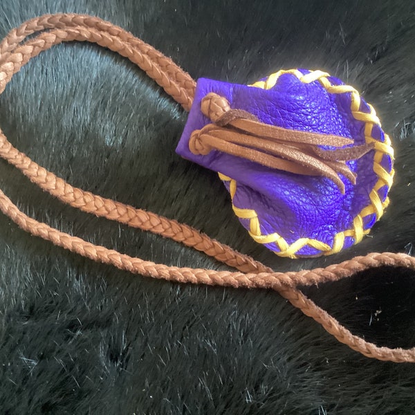 Handmade Leather Medicine Bag, Soft Deerhide Drawstring Pouch, Medicine Pouch,Purple  and Brown Medicine Bag,Ready to Ship,Made in Canada