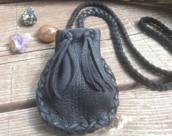 Handmade Black Deerskin Neck Pouch on Braid Neckstrap, Large Medicine Bag, Canadian Made
