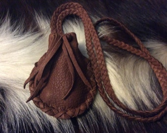 Medicine Bag,Brown  Leather Medicine Pouch on Long  Braid Necklace, Drawstring  Deer Hide Pouch,Handmade in Canada
