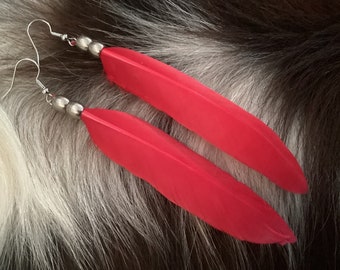 Red Feather Earrings, Large Red Feather  Earrings, Handmade Jewelry, Ready to Ship, Feather Earrings,  Made in Canada